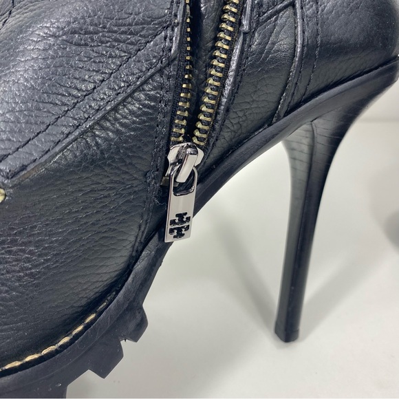 Tory Burch Trigg Black Pebbled Leather Mid Calf Rugged Stilleto Kiltie Boots 8.5 - Picture 14 of 16